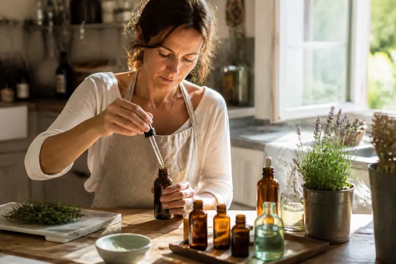Fabrication d'un anti moustique naturel maison par une femme en cuisine avec des huiles essentielles.