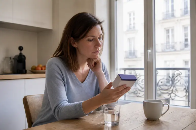 Une femme réfléchit à son achat d'Arkorelax Sommeil, une décision santé.