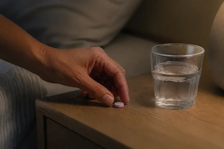 Une main prépare une dose d'Arkorelax Sommeil pour une prise sécurisée avant de dormir.