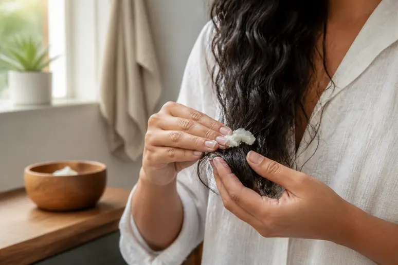 Application de beurre végétal bienfaits pour nourrir les pointes de cheveux secs et abîmés.