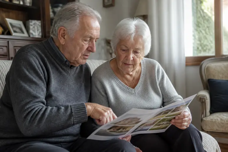 Couple âgé feuilletant un dépliant sur les résidences seniors, réfléchissant à leur budget residencianova.