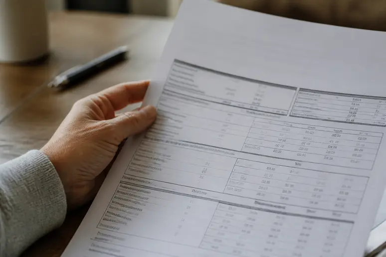 Main tenant une facture détaillée de résidence senior, examinant le budget residencianova.