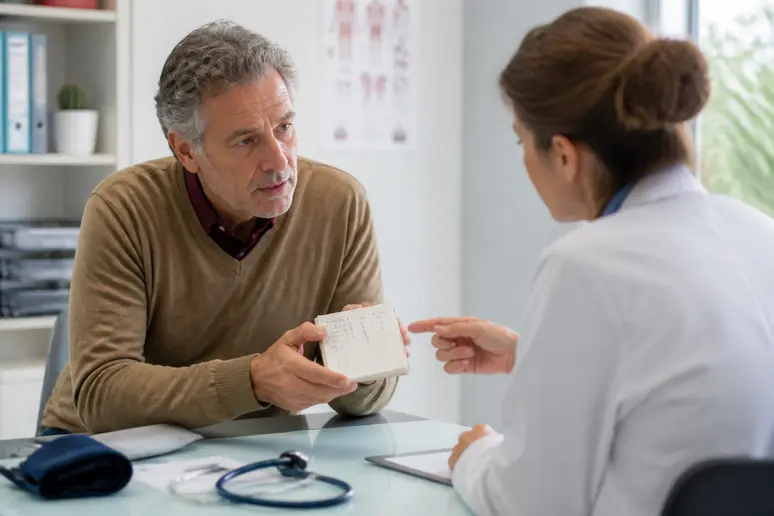 Homme français montrant son carnet de tensiomètre à sa médecin, comment lire un tensiomètre et consulter.