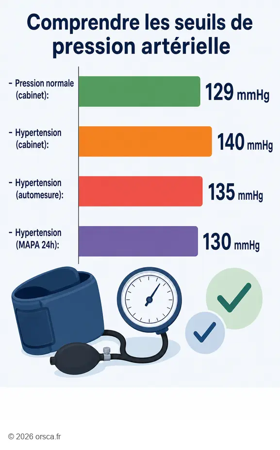 Infographie expliquant comment lire un tensiomètre, comparant les seuils de pression normale et d'hypertension.