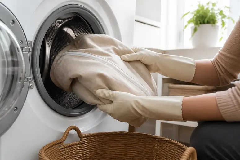 Housse amovible de coussin de positionnement ergolift mémoire forme en cours de lavage pour une hygiène parfaite.