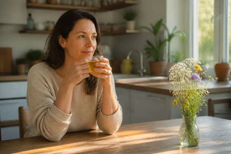 Femme française buvant une tisane, paisible et détendue, bénéficiant des bienfaits d'ergystress avis.