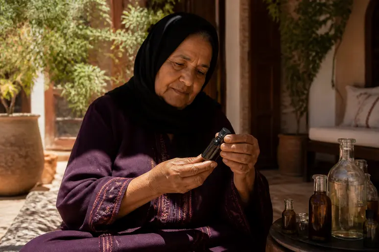 Femme d'âge mûr examinant une petite bouteille d'huile de cade dans une pièce traditionnelle, usage huile de cade islam
