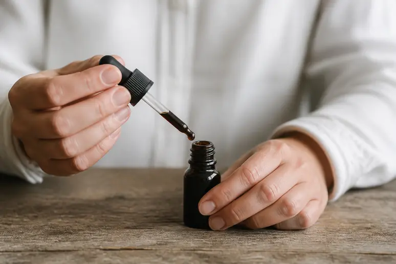 Mains tenant une pipette avec de l'huile de cade, précautions usage huile de cade islam