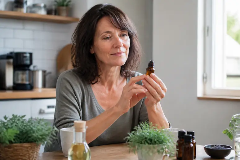 Femme lisant attentivement l'étiquette d'une huile essentielle avant une inhalation.