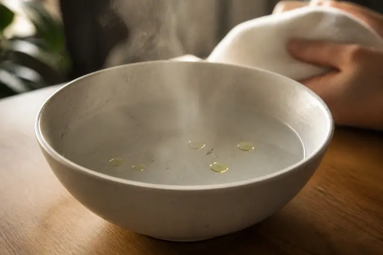 Bol fumant prêt pour une inhalation d'huile essentielle, dans une ambiance de bien-être.