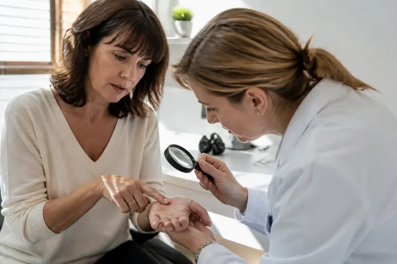 Femme française consultant un dermatologue pour examiner un lentigo tache brune sur sa main.