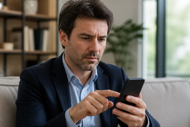 Homme français concentré sur son smartphone, résolvant un souci de connexion pour ma gestion sante fr.