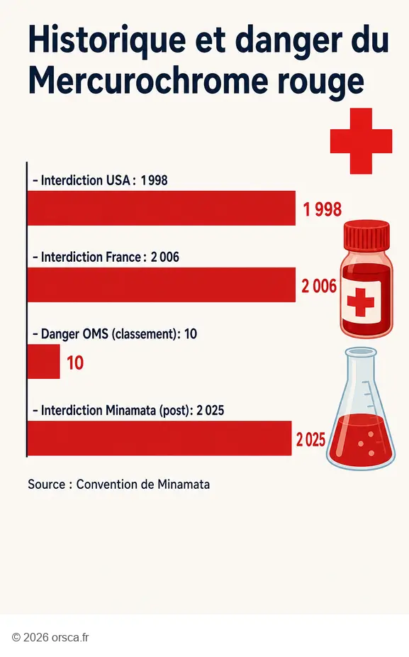 Infographie sur le mercurochrome rouge : dates d'interdiction et dangers sanitaires reconnus internationalement.