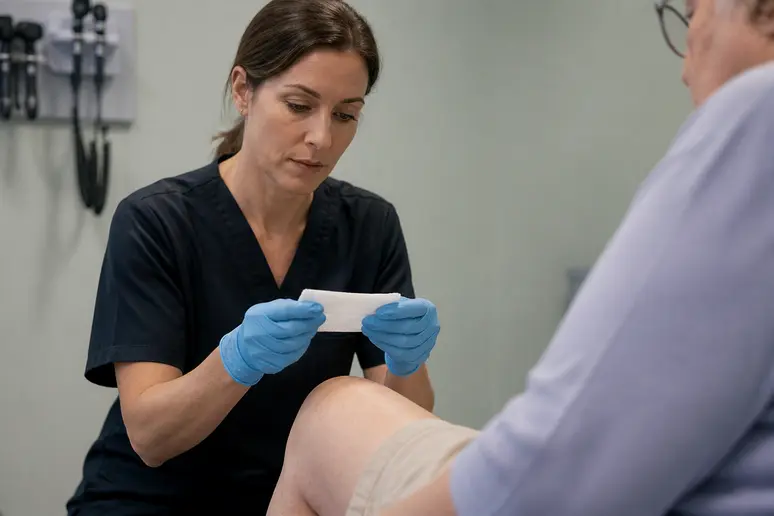 Comparatif pansement cicatrisant : professionnel de santé examinant une plaie pour une meilleure cicatrisation.
