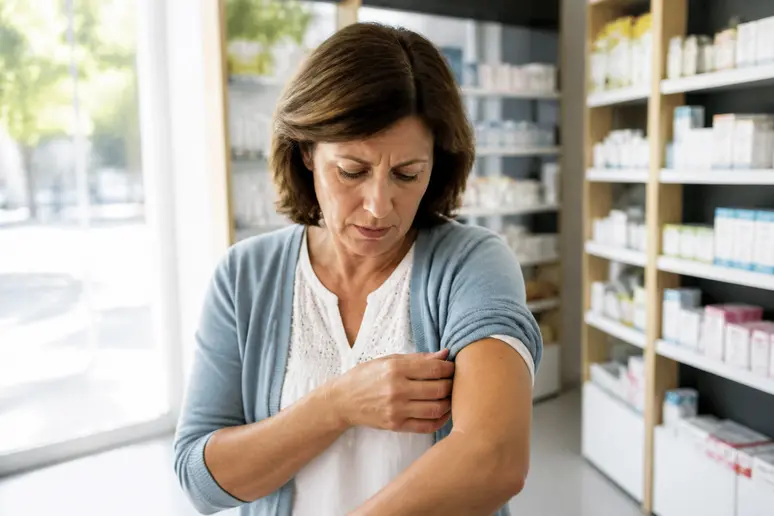 Femme inquiète observant de petits points rouges sur son avant-bras dans une pharmacie