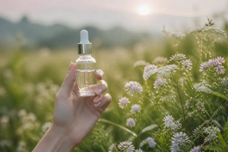 Main tenant une petite fiole de Fleurs de Bach pour le stress et l'équilibre émotionnel.