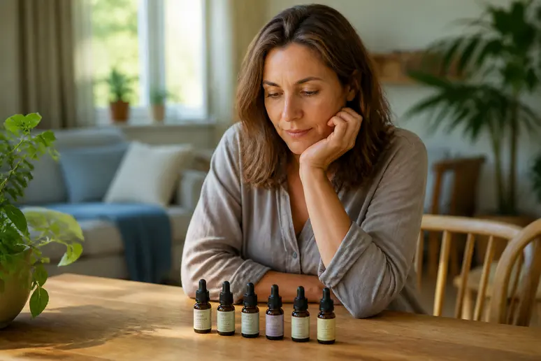 Femme choisissant des Fleurs de Bach pour soulager son stress et retrouver la sérénité.