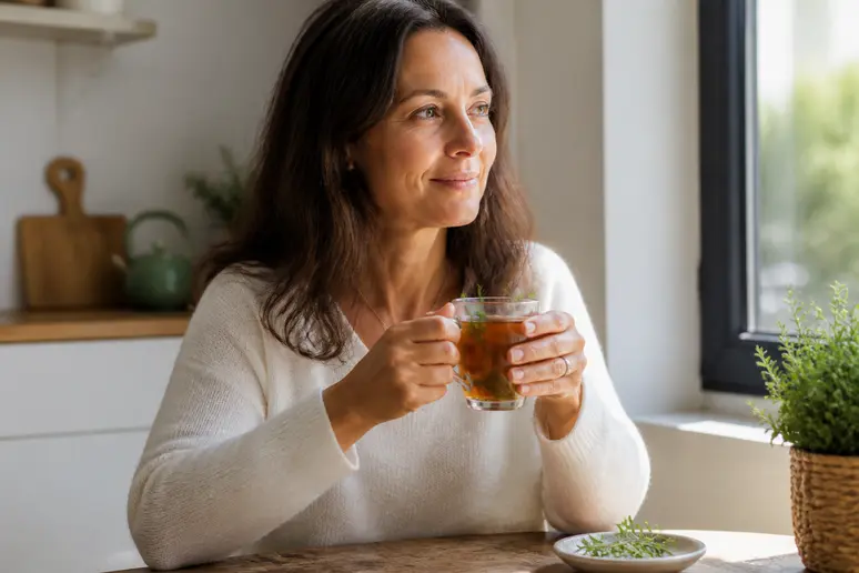 Bienfaits de la vigne rouge : femme dégustant une tisane, symbole de bien-être circulatoire.