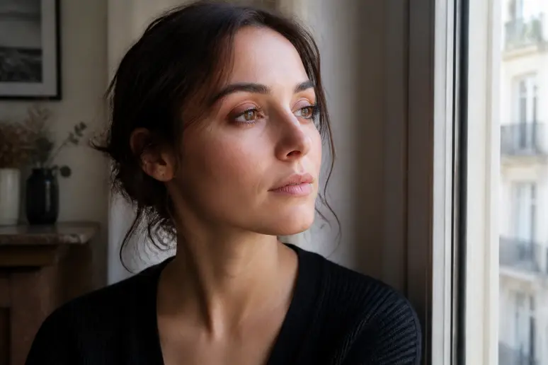 Femme aux yeux marron appliquant un maquillage lumineux aux tons cuivre pour sublimer son regard.