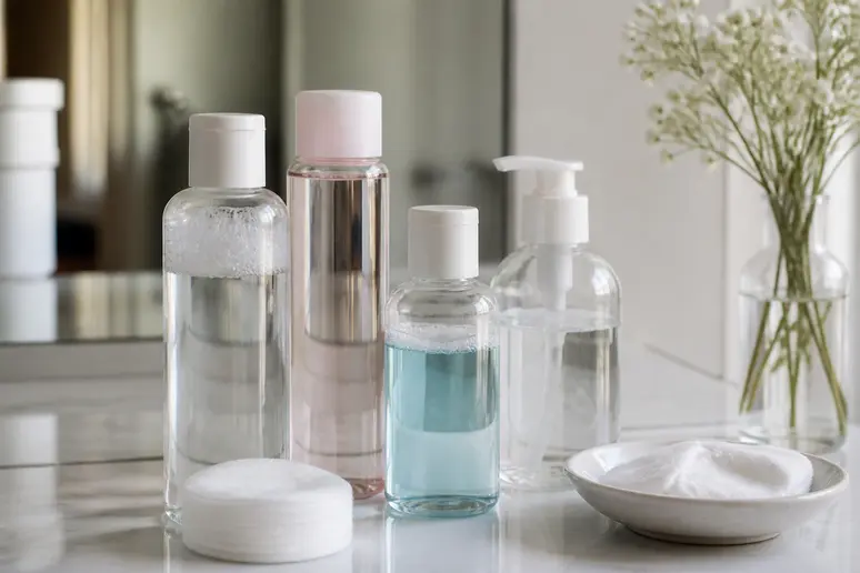 Routine maquillage saine : produits doux pour les yeux marron et démaquillage.