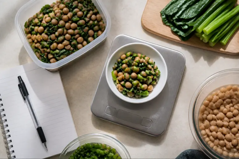 Balance de cuisine mesurant une portion d'aliments riches en fer pour le calcul des apports quotidiens