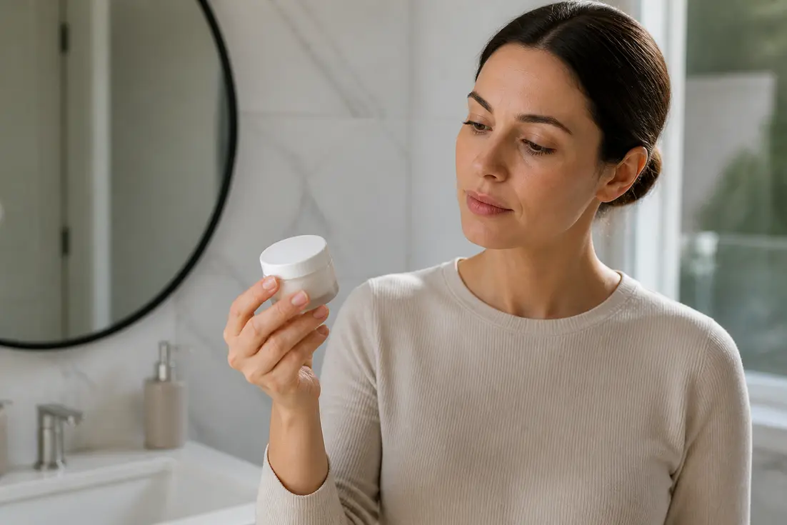 Un flacon de cosmétique tenu en main pour illustrer comment alpha arbutin éclaircir peau en toute sécurité.