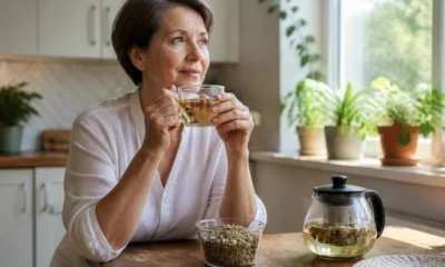 Une femme prépare une tisane relaxante avec de l aubépine bienfaits stress sommeil pour se détendre chez elle.