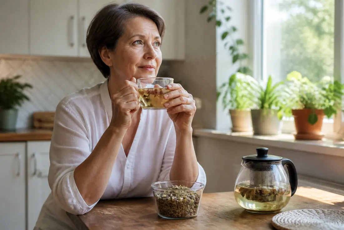 Une femme prépare une tisane relaxante avec de l aubépine bienfaits stress sommeil pour se détendre chez elle.