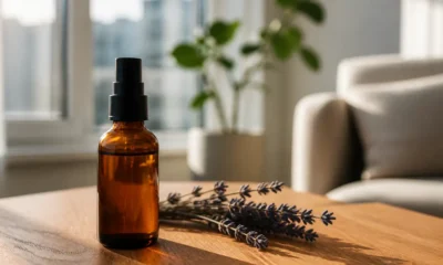 Flacon de cosmétique sur une table en bois avec de la lavande pour illustrer les Aureva avis