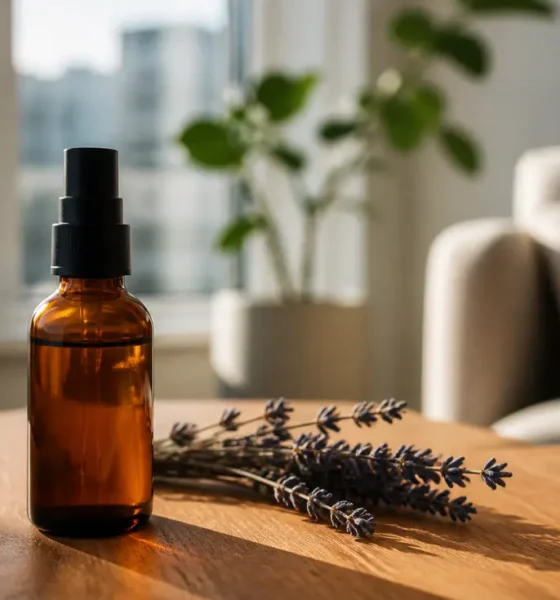 Flacon de cosmétique sur une table en bois avec de la lavande pour illustrer les Aureva avis