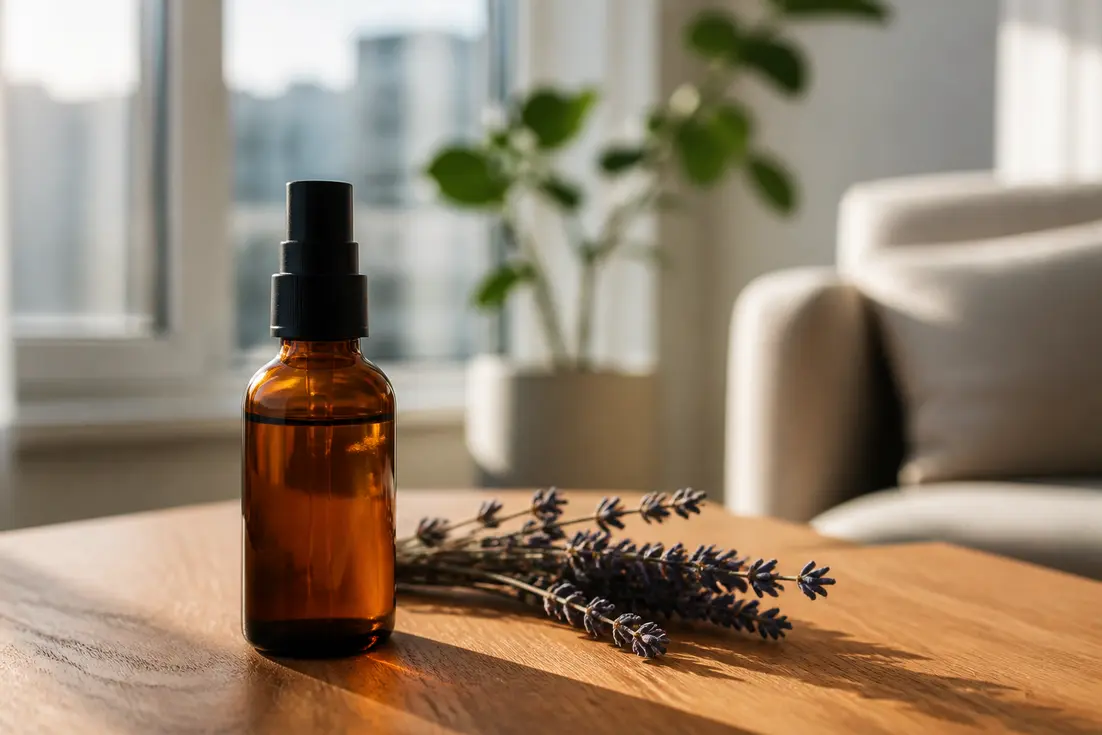 Flacon de cosmétique sur une table en bois avec de la lavande pour illustrer les Aureva avis