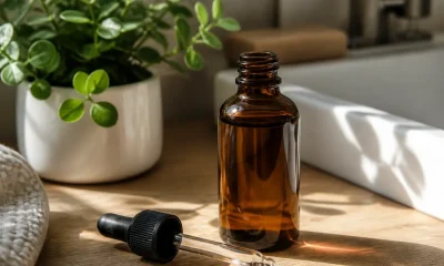 Flacon de cosmétique minimaliste sur un meuble de salle de bains avec typology quels produits choisir