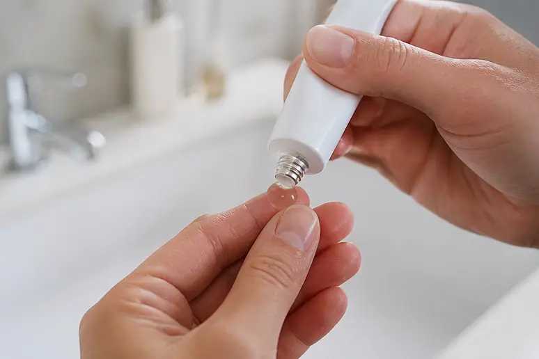 Application d'un gel d'acide azélaïque sur le bout d'un doigt pour le traitement dermatologique.