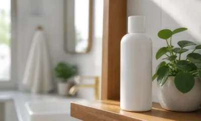 Flacon de soin posé sur une étagère en bois avec de l'acide azélaïque dosage adapté