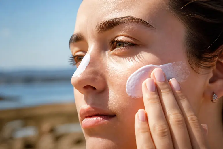 Application d'une crème de protection solaire sur le visage pour préserver le capital soleil