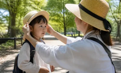 parent et enfant préparant une sortie en plein air avec capital soleil protection peau