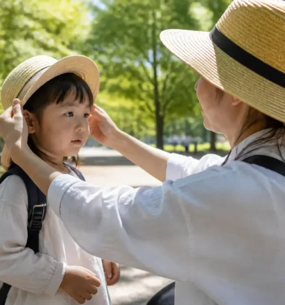 parent et enfant préparant une sortie en plein air avec capital soleil protection peau