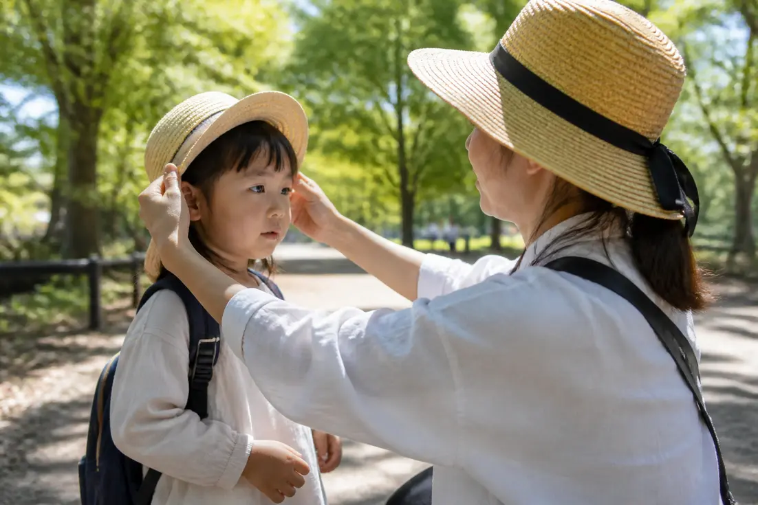 parent et enfant préparant une sortie en plein air avec capital soleil protection peau