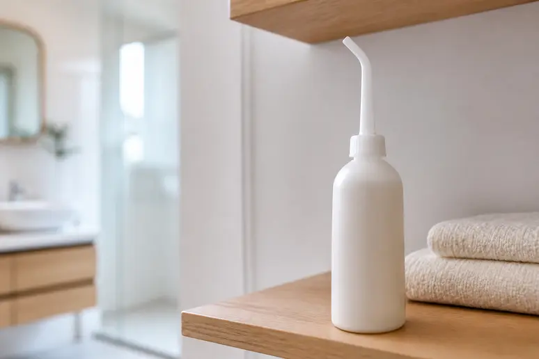 Flacon de gel lavant pour l'hygiène intime posé sur une étagère de salle de bains lumineuse