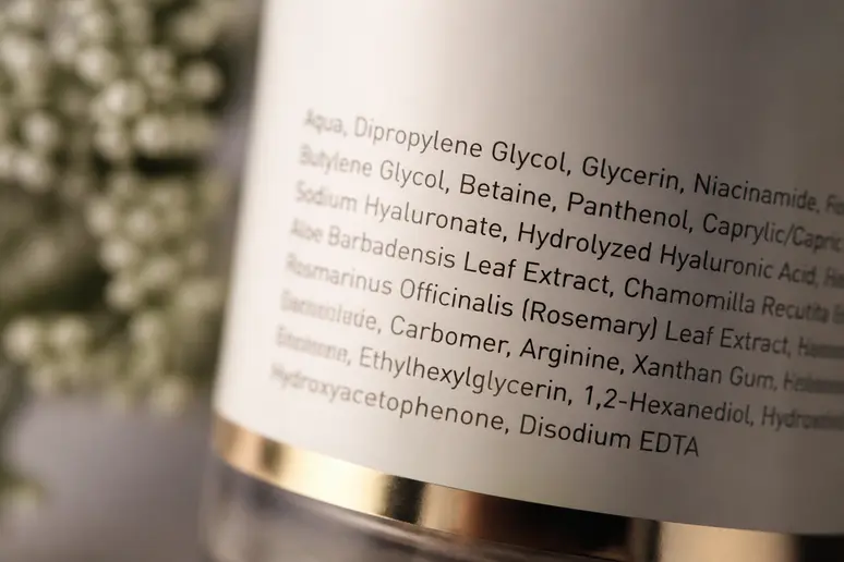Gros plan sur la liste des ingrédients inscrits au dos d'un flacon de soin cosmétique