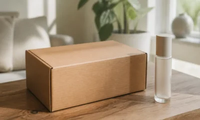 Colis de livraison et flacon posés sur une table illustrant un code promo cosmétiques intimes