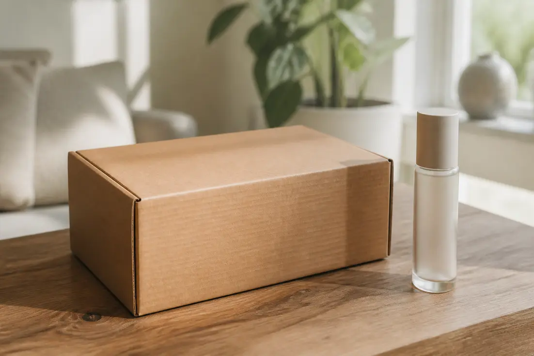 Colis de livraison et flacon posés sur une table illustrant un code promo cosmétiques intimes