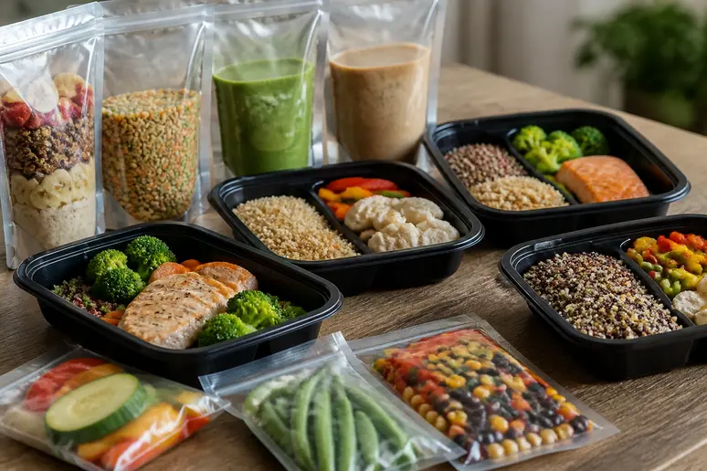 Colis de repas minceur et sachets portionnés disposés sur une table pour calculer le coût du programme