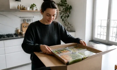 Déballage de boîtes repas pour estimer le comme j aime prix mensuel dans une cuisine.