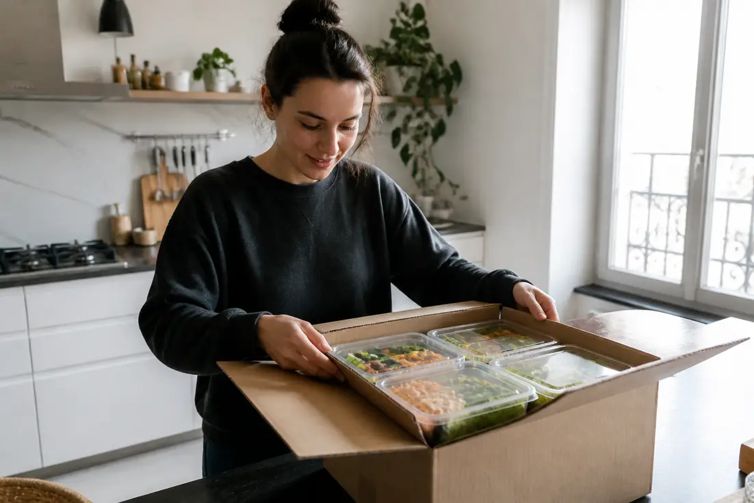 Déballage de boîtes repas pour estimer le comme j aime prix mensuel dans une cuisine.