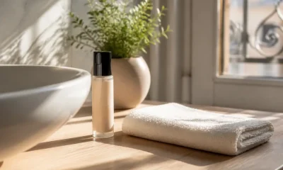 Un flacon cosmétique posé sur un meuble de salle de bain près d'une serviette, illustrant le déodorant musc intime danger.