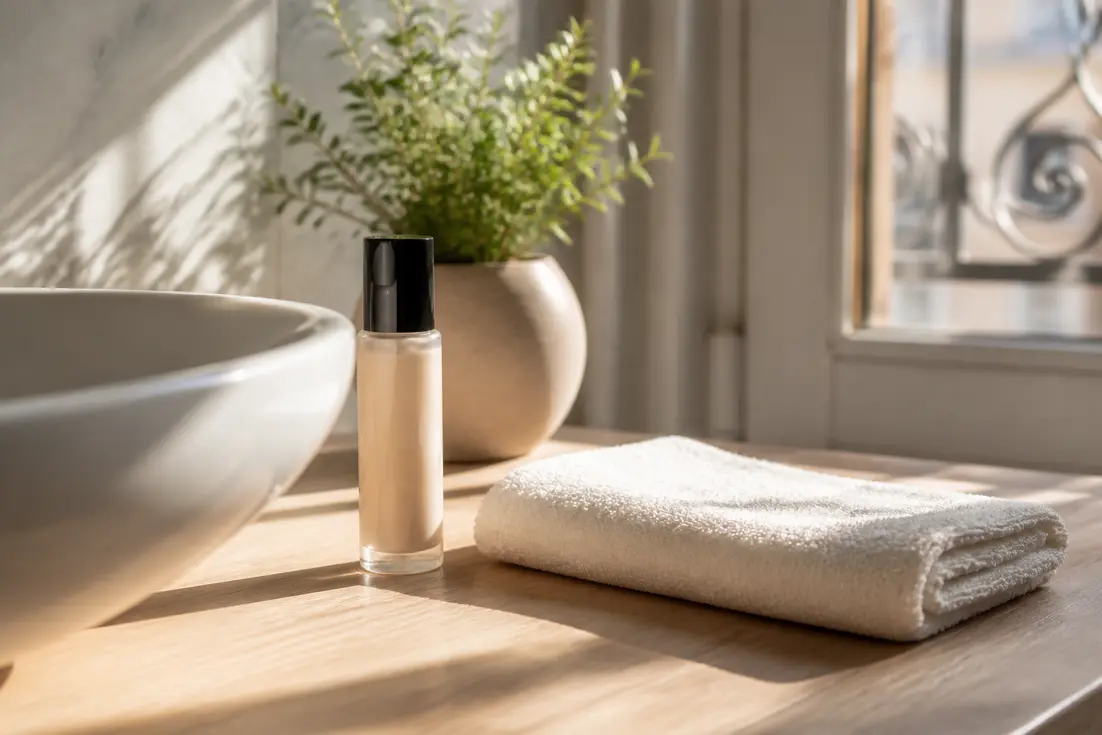 Un flacon cosmétique posé sur un meuble de salle de bain près d'une serviette, illustrant le déodorant musc intime danger.