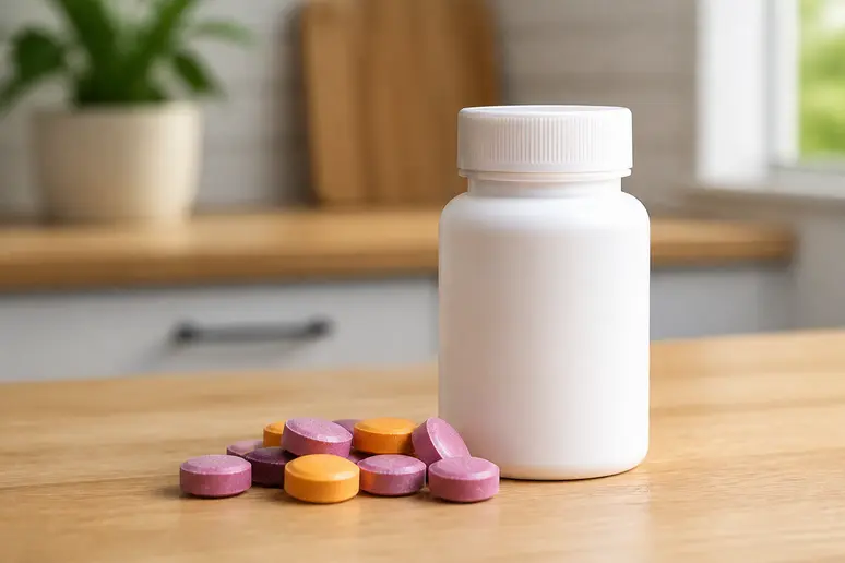 Flacon de complément alimentaire Epycure et comprimés à croquer posés sur une surface claire
