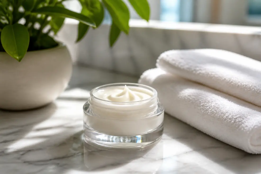 Filorga Time Filler pour quelle peau présenté sur une coiffeuse lumineuse avec une serviette blanche
