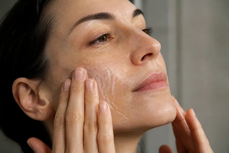 Mains appliquant un baume nettoyant doux pour une routine glass skin protectrice